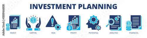 Investment planning web banner icon vector illustration concept for financial growth with icon of investment, capital, risk, profit, potential, analysis, and financial.