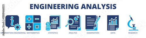 Engineering analysis web banner icon vector illustration concept for technical evaluation with icon of information engineering, mathematics, statistics, analysis, examination, data, and research.