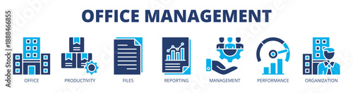 Office management web banner icon vector illustration concept for workplace organization with icon of office, productivity, files, reporting, management, performance, and organization.