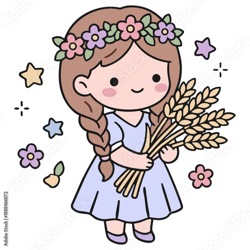 Cute Virgo Maiden with Flower Crown Holding Wheat - Kawaii Chibi Nature Girl Mascot - Vector Harvest Goddess Illustration