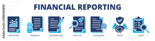 Financial reporting web banner icon vector illustration concept for financial transparency with icon of reporting, financial, examination, analysis, standards, trust, and audit.