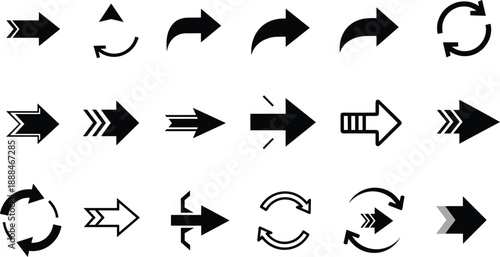 Arrow Icons Collection Featuring Diverse Styles, Directions, and Motion Indicators for Navigation, Interface Design, Flow Diagrams, and Graphic Communication