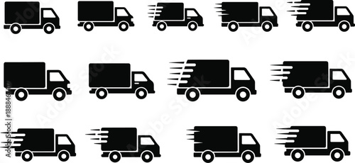 Silhouette Delivery Truck Icons Depicting Motion, Speed, and Logistics for Transportation, Shipping, Courier Services, and Urban Mobility Interface Design