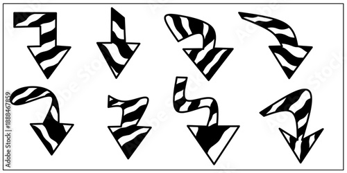 Hand drawn arrow collection. Different types of arrows pointing downwards. Collection of black and white arrows.