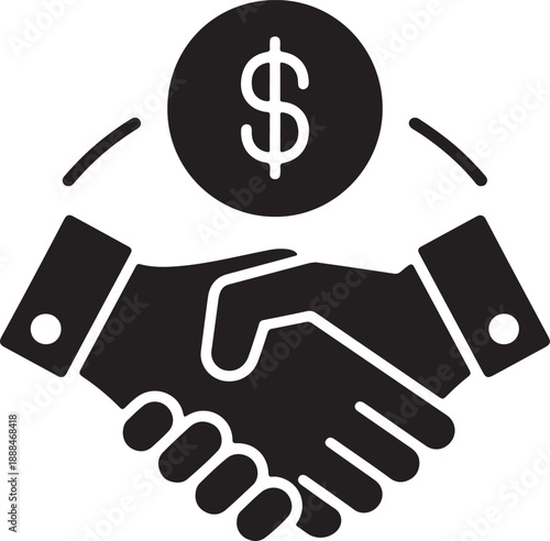 Two hands shake firmly with a prominent dollar coin floating above them symbolizing a successful financial agreement