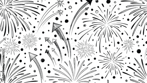 Black and white fireworks illustration with festive design elements.