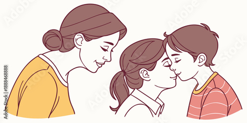 Mother's day illustration of a mother and children sharing a heartwarming moment