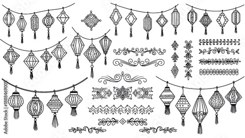 Collection of Hand Drawn Lanterns and Decorative Elements for Design.