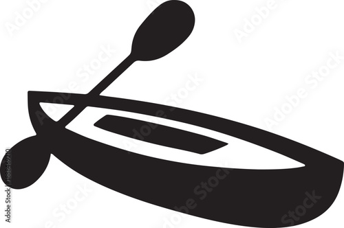 Black silhouette of small recreational canoe or kayak boat with crossed paddles illustration