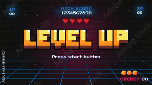 Level up. arcade game .pixel art .8 bit game.retro game. for game assets in vector illustrations.	