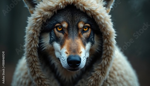 Close up of a wolf wearing a fluffy hood, its piercing eyes look directly at viewer. This cunning animal hides its true nature. Fierce predator camouflaged in faux fur.
