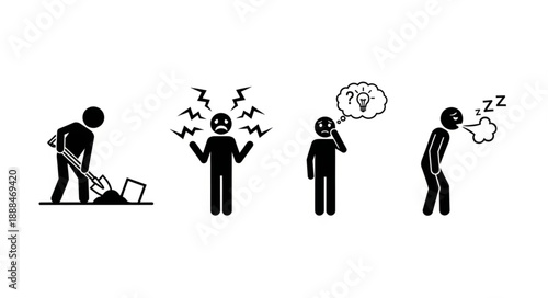 Stick figures show frustration and exhaustion from work.