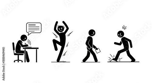 Stick figures show different human emotions and actions in sequence.