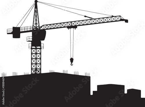 A large towering construction crane silhouette stands over an active urban building development site