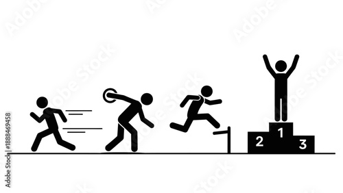 Stick figures representing different sports and winning on a podium.