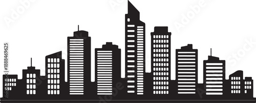 A striking black silhouette of a modern city skyline with numerous towering buildings and prominent skyscrapers