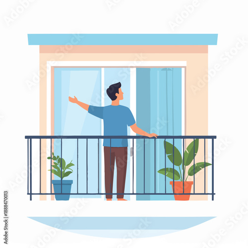 Man standing on balcony with potted plants, pointing outward in a relaxed environment from a high viewpoint