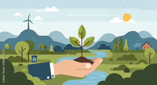 Environmental Stewardship: A nurturing hand cradles a young plant, representing environmental preservation and the care of nature.
