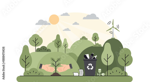 Green Harmony: A captivating illustration of environmental responsibility, showcasing a landscape where human hands gently nurture a sapling, symbolizing growth, sustainability.