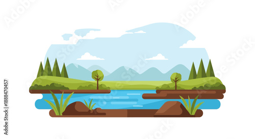 Serene Landscape Illustration: A tranquil illustration showcases a picturesque scene of nature's beauty, featuring a flowing river, rolling hills, and lush trees under a vast sky.