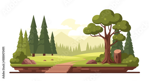Forest Illustration: A serene forest landscape, showcasing an array of trees and pathways amidst rolling hills, representing the tranquility of the natural world.