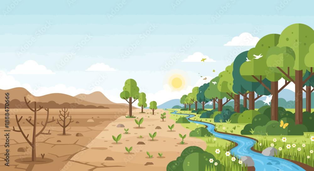 Naklejka premium Contrast of Life and Despair: A visual representation of environmental change, depicting a stark contrast between a barren, drought-stricken landscape and a flourishing, vibrant ecosystem. 