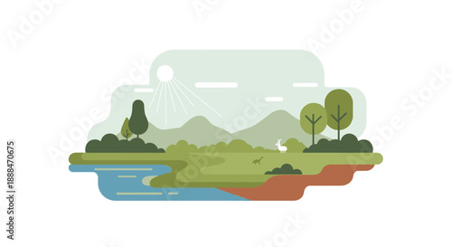 Nature's Emblem: A minimalist illustration of a tranquil landscape, where rolling hills meet serene waters, all beneath a radiant sun. 