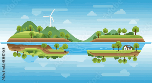 Eco-Friendly Horizon: A tranquil scene depicts a vibrant island ecosystem, embraced by the calming embrace of a lake, with an inspiring windmill gracing the skyline.