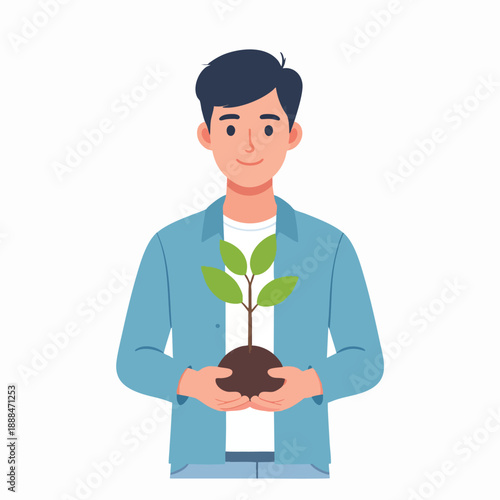 A young man holding a small plant with green leaves in his hands, symbolizing growth and nurturing, illustrated in a simple style from a frontal viewpoint.