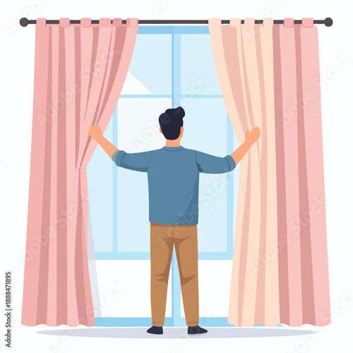 Man standing in front of a window opening pink curtains to reveal a bright view indoors