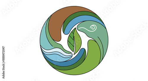 Eco-Friendly Circle Symbol: A captivating circular graphic representing the synergy of nature, showcasing the delicate balance between earth, air, water, and plants in a stylized design.
