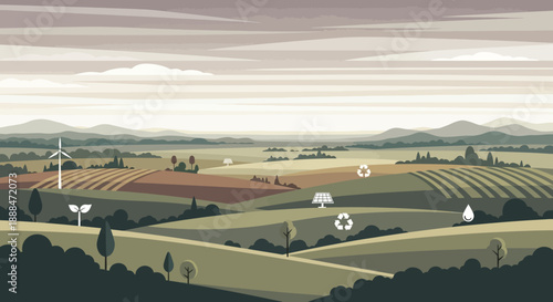 A Horizon of Sustainability: A breathtaking landscape showcasing the integration of renewable energy sources in a harmonious countryside environment.