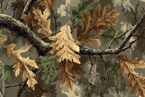 Seamless oak leaf camouflage pattern in green and brown tones, perfect for hunting gear, fabrics, t-shirts, and outdoor design.