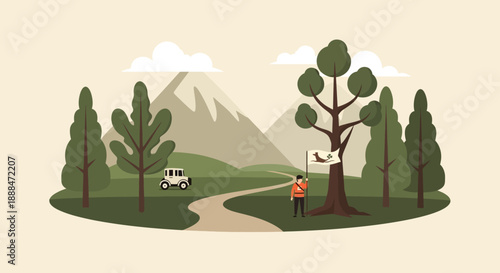 Journey through Wilderness: A captivating illustration shows a person marking their path through nature. Amidst the trees and hills, they're embarking on a journey.