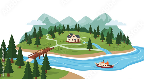 Seaside Tranquility: An idyllic illustration of a house on a island and boat, nestled among rolling hills and serene waters. Capturing the essence of peaceful living.