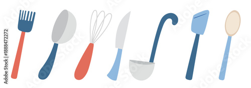 Assorted Colorful Kitchen Utensils Arranged in a Row cooking whisk