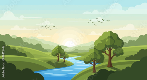 Scenic Landscape: A vibrant illustration showcasing a picturesque landscape, where a flowing river meanders through lush green hills, with a backdrop of a clear sky and the rising sun.