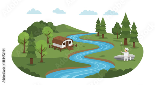 Riverside Retreat: A serene illustration captures a riverside retreat featuring a charming cabin nestled alongside a winding river, the landscape lush with trees and gentle hills.
