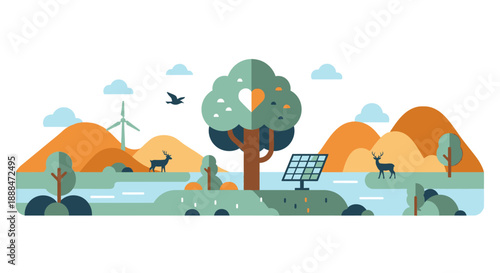 Green Planet: A colorful illustration showcasing a vibrant ecosystem, featuring wind turbines, solar panels, deer, and a heart-shaped tree, symbolizing harmony between nature and sustainable energy.