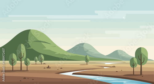 Green Hills and Serene Stream: A serene landscape, where rolling green hills gently rise under a pastel sky, intersected by a meandering stream, showcasing the beauty of nature.