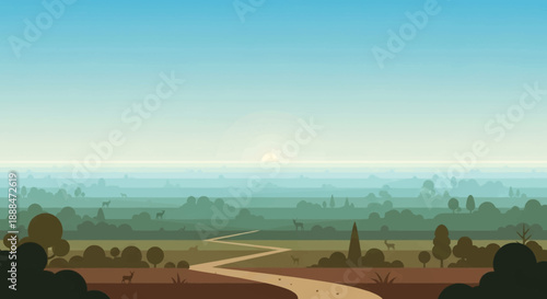 Peaceful Meadow Landscape: A serene landscape unfolds under a clear blue sky, where a winding path guides the eye towards a distant, gentle horizon. It embodies the essence of tranquility.