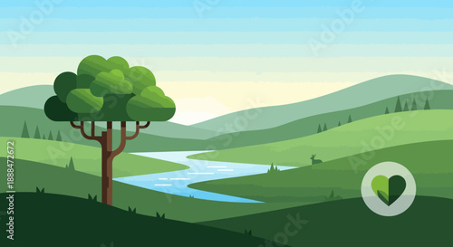 Tranquil Landscape with Gentle River: A serene scene unfolds, showcasing a winding river that meanders through rolling hills, with a solitary tree gracing the foreground.