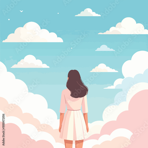 Woman standing amidst clouds, gazing upwards, serene atmosphere, dreamy surroundings, peaceful environment