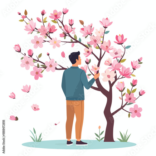 Man admiring blossoming tree with falling pink flowers in a serene outdoor environment from behind