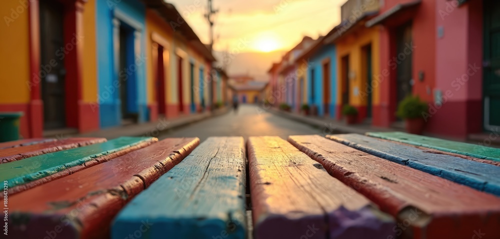 Fototapeta premium Colorful wooden bench on street in old town. Bright houses line narrow road during sunset. Scenic latin american village view, relaxed vacation atmosphere. Warm light.