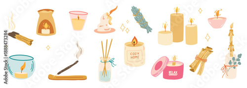 Candles and incense collection. Aromatherapy accessories. Essential oil, aroma diffuser, burning candles, burning incense sticks, palo santo, sage. Rest relaxation and home comfort. Vector