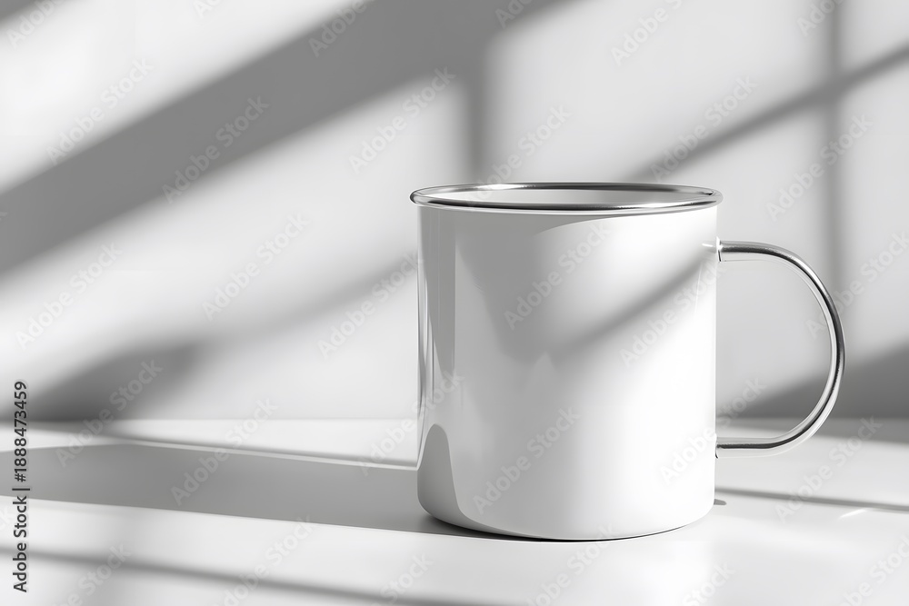 Obraz premium A plain white enamel camping mug mockup with a silver list