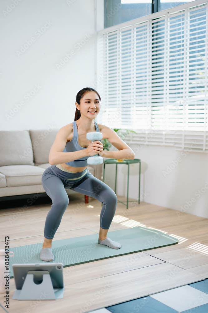 Obraz premium Fitness woman exercising with dumbbells at home. Healthy lifestyle, home workout, online fitness training, wellness, strength exercise and modern living concept.
