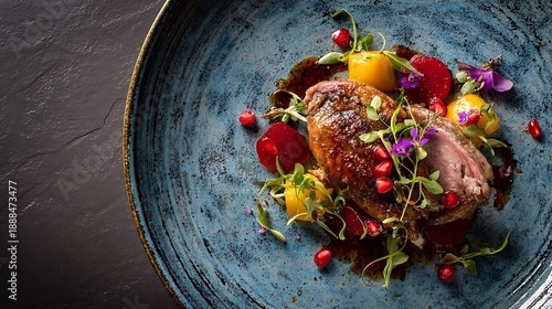Duck breast is elegantly plated with fresh pomegranate seeds, vibrant beets, and edible flowers on.