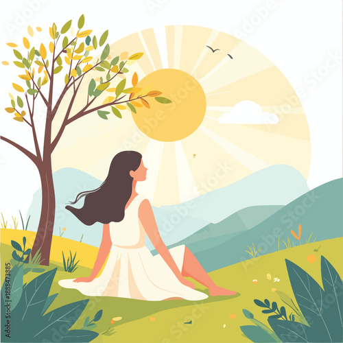 A serene woman sitting under a tree with leaves in a lush green landscape during sunrise